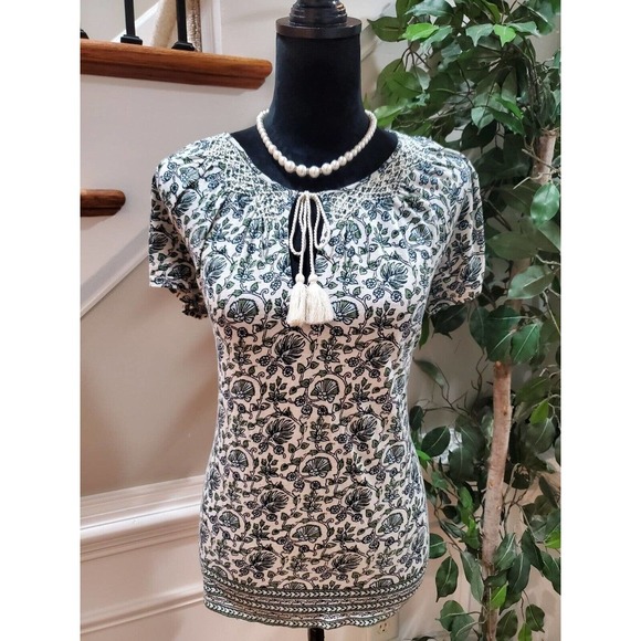 Lucky Brand White Floral Tassel Ties Round Neck Short Sleeve Top Blouse S/P - Picture 13 of 13